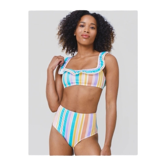 EPHEMERA Flounce Bra and High Waisted Bikini Pant in Bonbon Stripe NWT - Picture 6 of 12